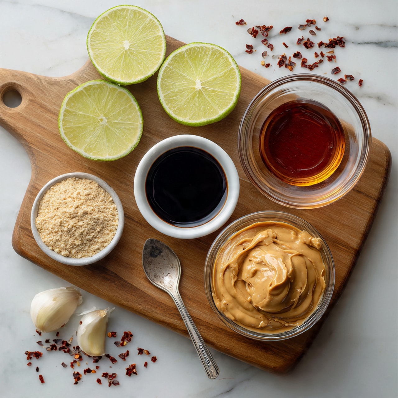 The image shows a wooden board placed on a white marbled surface with six main elements arranged neatly. At the top left are two halves of a lime, showing light green flesh and white segments. To the right, there is a small clear bowl filled with dark amber maple syrup, and below it, a small white bowl holding a dark liquid mix labeled as sesame oil, rice vinegar, and water. Centered in the bottom half of the board is a clear glass bowl filled with smooth, light brown peanut butter. To the right side, a small spoon with light beige ginger powder rests on the board. Below that, a small clear cup is filled with dark soy sauce or tamari. At the bottom left corner, two cloves of garlic lay directly on the wooden surface. Tiny dark red chili flakes are scattered lightly across both the board and the marbled surface. Photo taken with an iphone --ar 4:5 --v 7