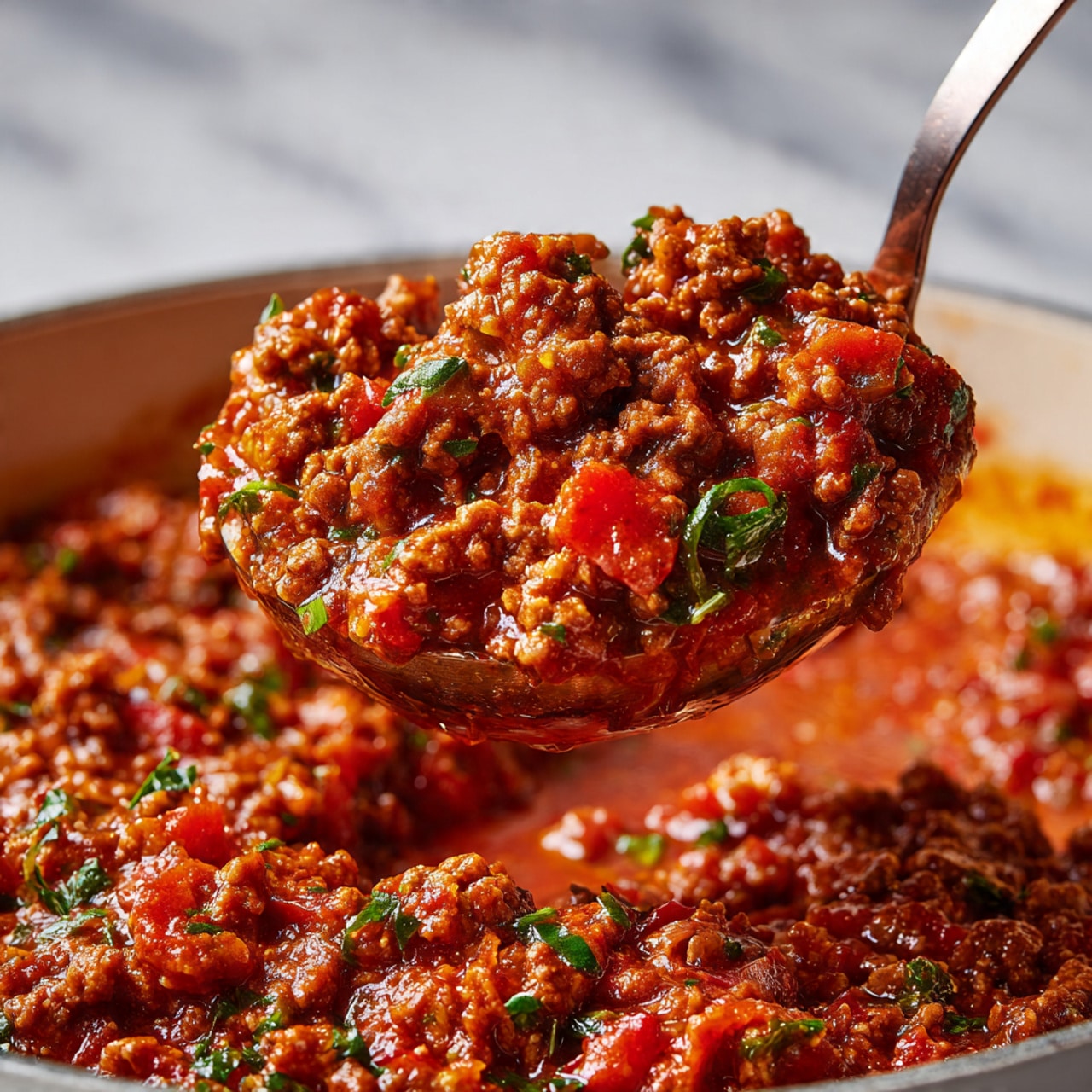 A close-up view of a ladle holding a thick, chunky meat sauce with layers of reddish-brown cooked ground meat, bright red tomato pieces, and specks of green herbs mixed evenly throughout, showing a rich and slightly oily texture. The ladle is lifting the sauce from a pot with a white marbled texture background visible around the edges. The image highlights the hearty, saucy layers blending together with a shiny, moist surface. Photo taken with an iphone --ar 4:5 --v 7