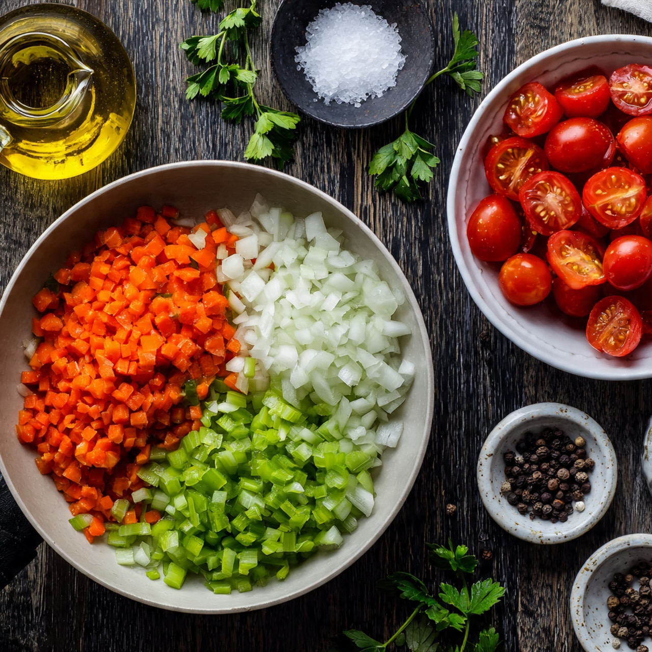 A white pan filled with three layers of finely chopped vegetables, each layer distinct in color and texture: bright orange carrot pieces on the left, white onion pieces in the middle, and green celery pieces on the right. To the top right, there is a white bowl filled with peeled red tomatoes and some green parsley leaves scattered on top and around. To the left, there is a glass container of golden olive oil and a small white bowl filled with salt. At the bottom right, another small white bowl contains whole black peppercorns. The image is set on a dark wooden surface with a white marbled texture. photo taken with an iphone --ar 4:5 --v 7