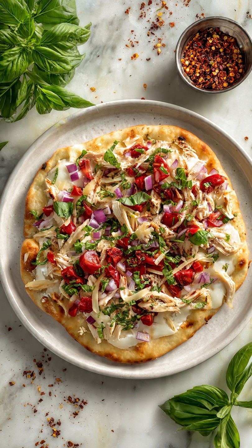 A flatbread base with light golden brown spots is spread with a layer of white cheese slices. On top, there is a colorful mix of diced red tomatoes and finely chopped red onions, scattered across evenly. Shredded white chicken pieces are spread over the vegetables, along with thin shavings of pale yellow cheese. Green herbs are sprinkled over the top for a fresh touch. This is served on a large round white plate with a slightly raised edge, sitting on a white marbled surface. To the upper right, there is a small metal bowl filled with red chili flakes. Green basil leaves and parsley sprigs are placed near the plate, adding fresh green color to the image. photo taken with an iphone --ar 4:5 --v 7