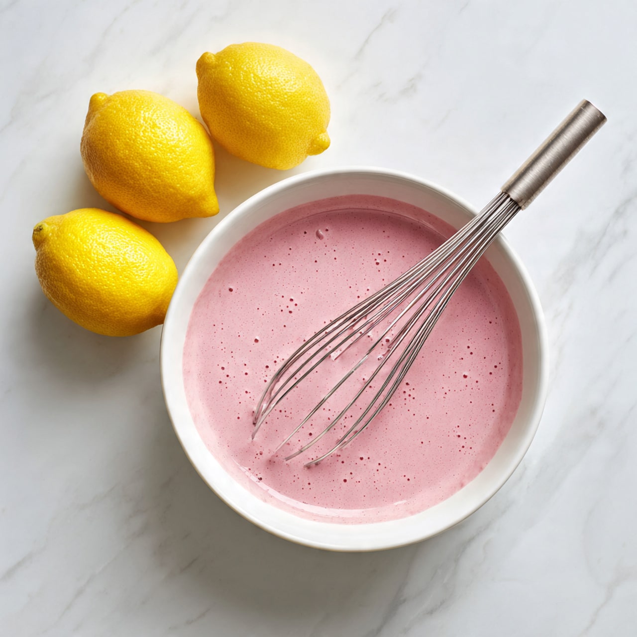 A white bowl filled with a smooth pink mixture that has small bubbles on its surface, with a metal whisk partially submerged in it. Around the bowl, three bright yellow lemons rest against a white marbled surface. The image has a clean and fresh look with bright lighting. photo taken with an iphone --ar 4:5 --v 7